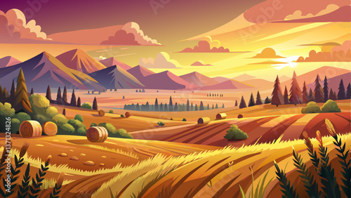 A breathtaking view of a rural harvest scene where warm hues of sunset touch the wheat and haystacks