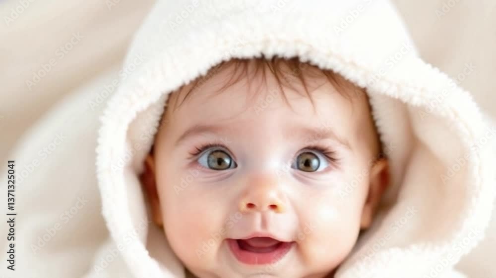 Cute baby wrapped in a towel, smiling brightly with joy and innocence after a cozy bath. Cute baby wrapped in a towel, smiling brightly with joy and innocence after a cozy bath.