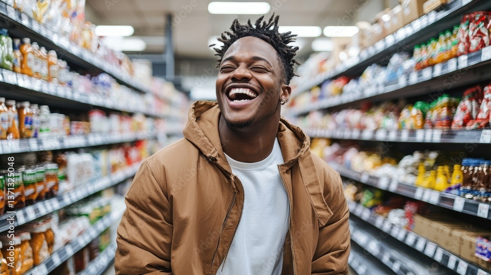 A joyful man laughs broadly in a grocery store aisle surrounded by colorful shelves stocked with various products His A joyful man laughs broadly in a grocery store aisle surrounded by colorful shelves stocked with various products His