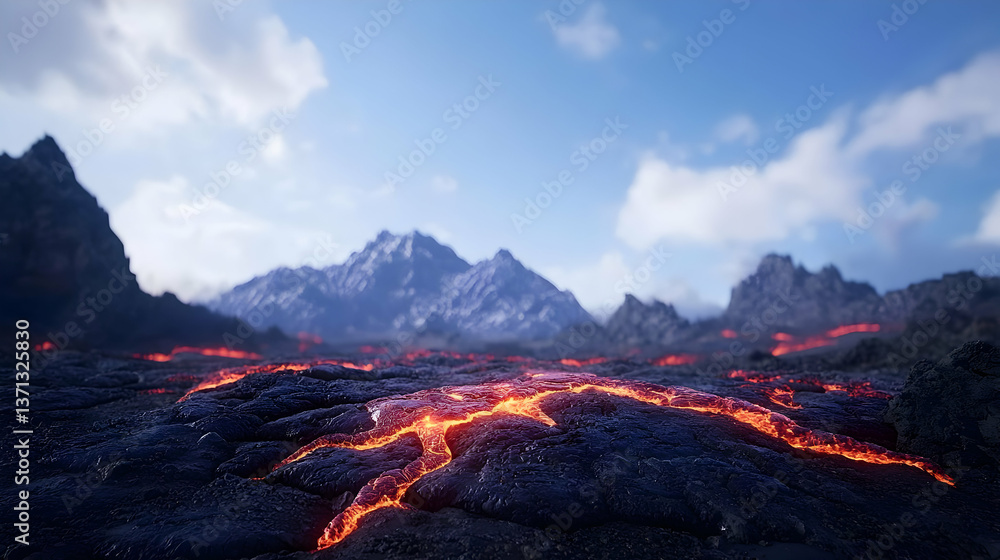 Fototapeta premium Lava Flow Among Mountains Under Sunny Sky