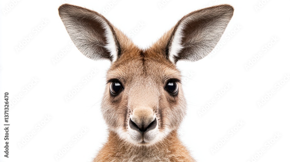 Fototapeta premium Close-Up Portrait of a Young Kangaroo Against a White Background