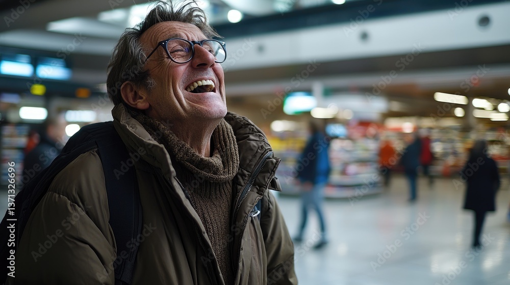 An older man wearing glasses and a jacket laughs with his head tilted back in a brightly lit public space An older man wearing glasses and a jacket laughs with his head tilted back in a brightly lit public space