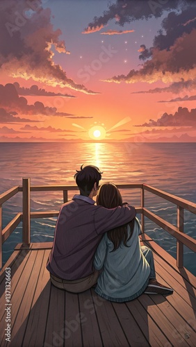 Couple Watching Sunset on a Wooden Dock, Romantic Evening