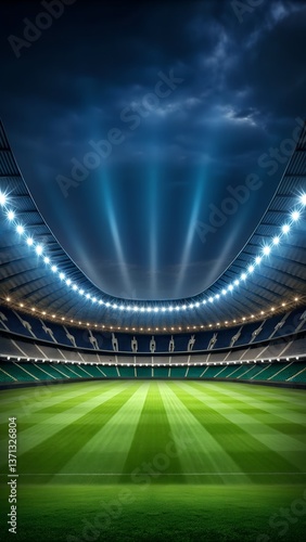 Stunning view of a large glowing stadium with bright lights, perfectly maintained green football field and empty audience seating, under a starry night sky for sports designs