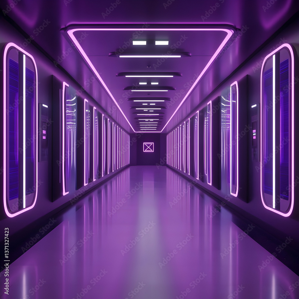 Fototapeta premium Futuristic Purple Neon Lit Corridor Perspective Illustration with Glowing Lights