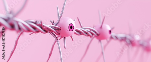 Close-up surreal 3D render of a pink eyeball impaled on metallic twisted barbed wire against a soft pink background.