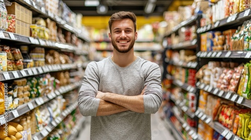 Wallpaper Mural A smiling man stands with arms crossed in a grocery store aisle Shelves filled with various food items are visible in t Torontodigital.ca