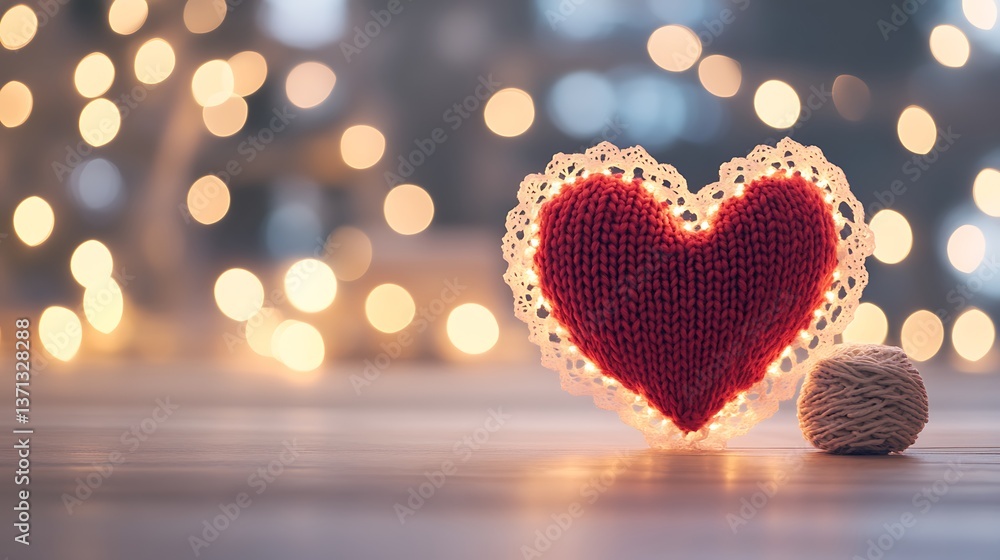 A romantic knitted heart is illuminated with soft bokeh lights A romantic knitted heart is illuminated with soft bokeh lights