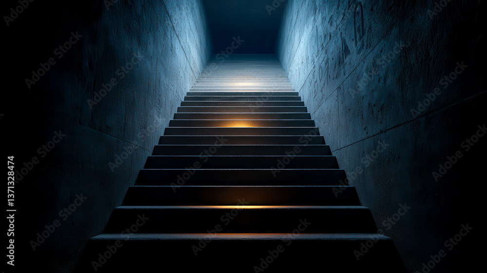A dimly lit staircase ascends into darkness, illuminated subtly by a warm glow at the top, evoking mystery and depth. A dimly lit staircase ascends into darkness, illuminated subtly by a warm glow at the top, evoking mystery and depth.