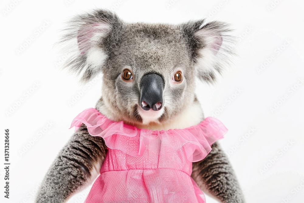 High Definition View of Cute Koala in Pink Dress Isolated on White Background High Definition View of Cute Koala in Pink Dress Isolated on White Background