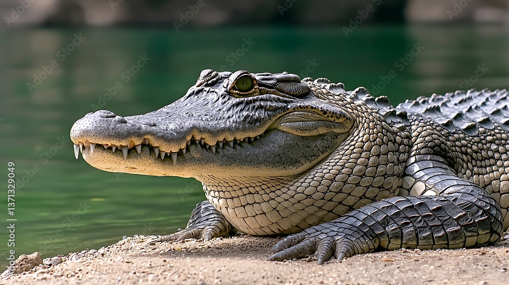 Fototapeta premium Crocodile resting by riverbank.