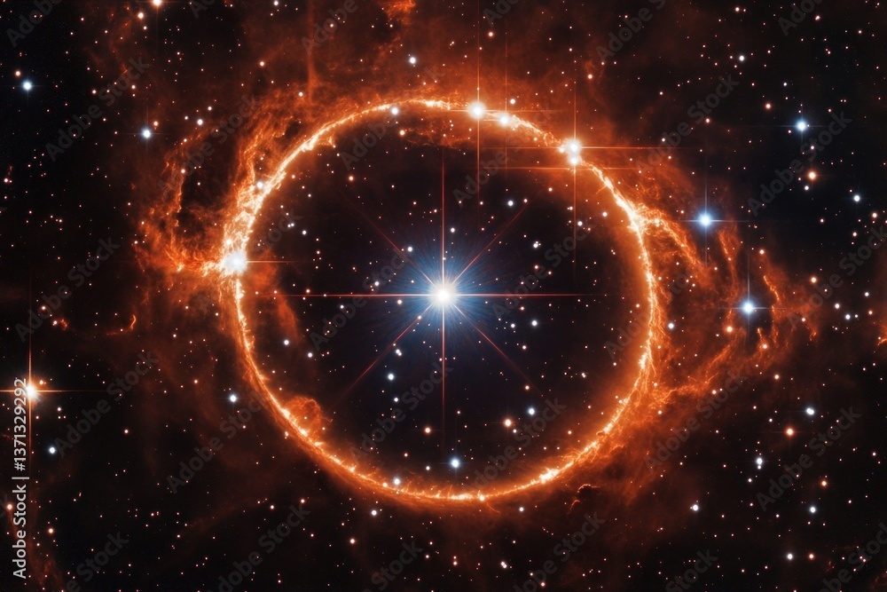 A bright star surrounded by an illuminated, reddish ring of gas and dust, set against a starry space background A bright star surrounded by an illuminated, reddish ring of gas and dust, set against a starry space background