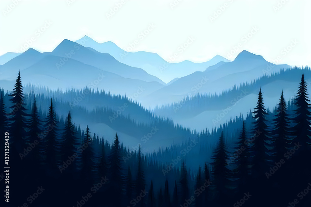 Fototapeta premium Illustration of Blue Mountain Layers and Forest Silhouette Scenery