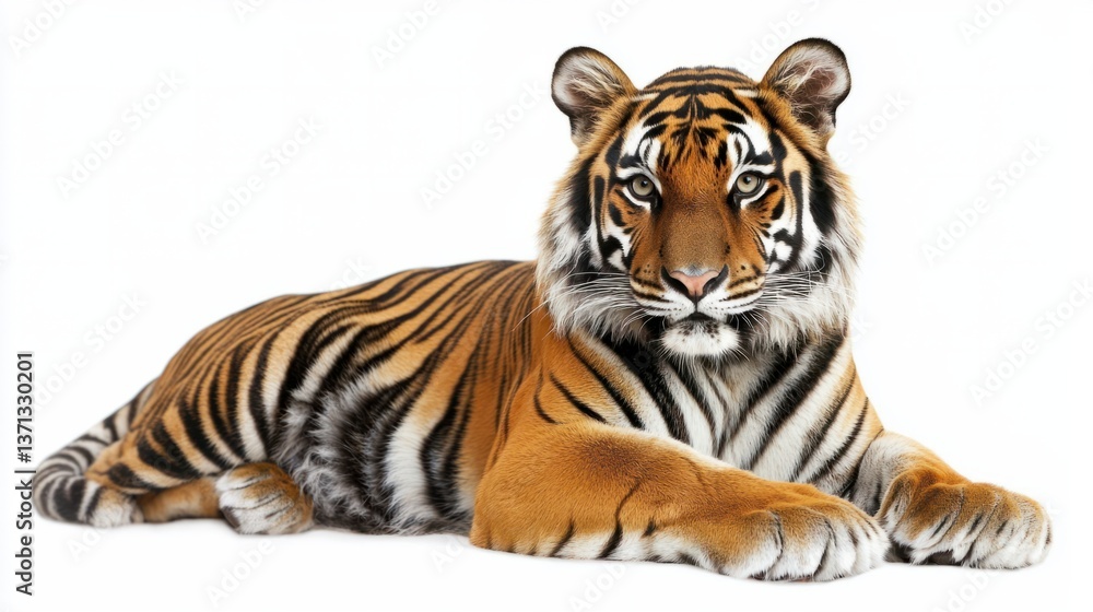 Obraz premium Majestic Tiger Relaxing on White Background in Natural Pose