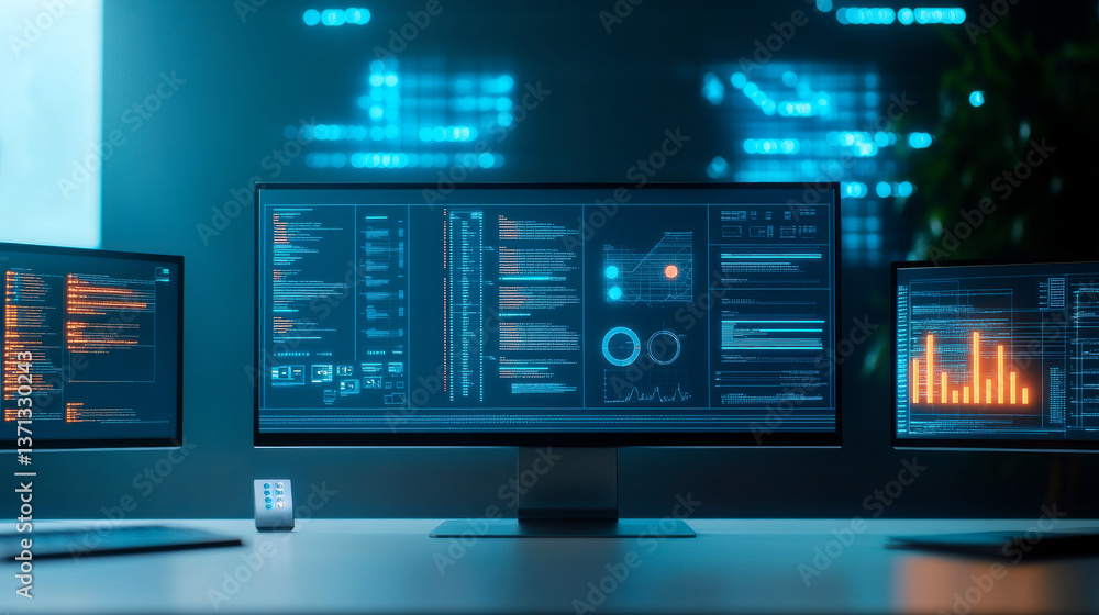 A modern workspace with multiple monitors displaying data analytics, graphs, and code, illuminated by ambient blue lighting. A modern workspace with multiple monitors displaying data analytics, graphs, and code, illuminated by ambient blue lighting.