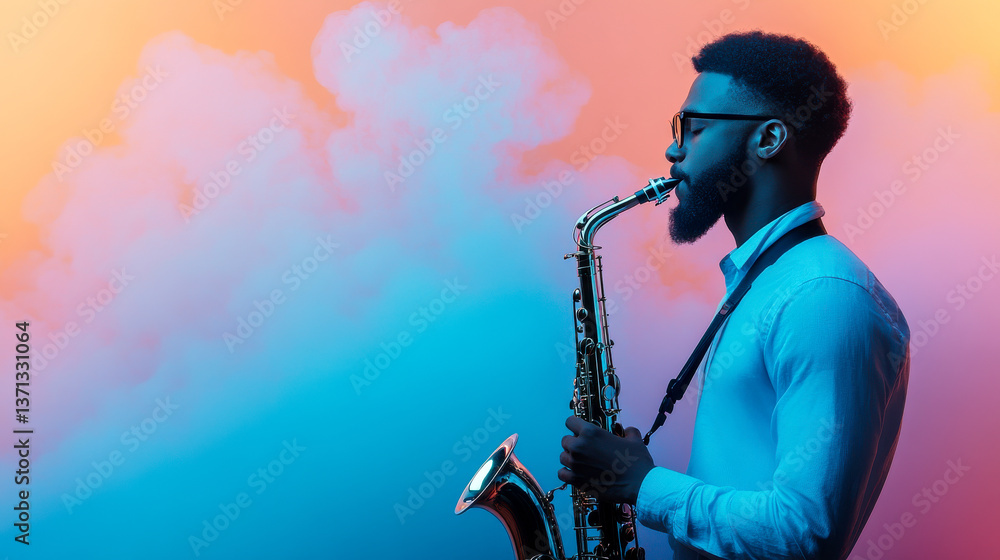 Fototapeta premium A stylish musician plays the saxophone against a vibrant, colorful background, embodying the essence of jazz and creativity.