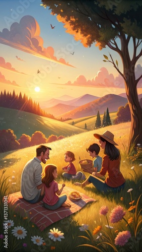 Family Picnic at Sunset in a Picturesque Meadow