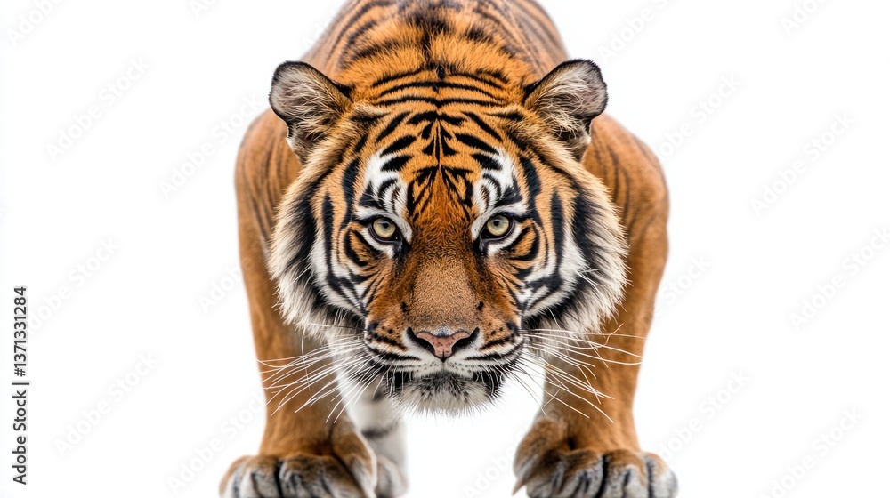 Obraz premium Majestic Tiger Stalking on White Background Captured in Detail
