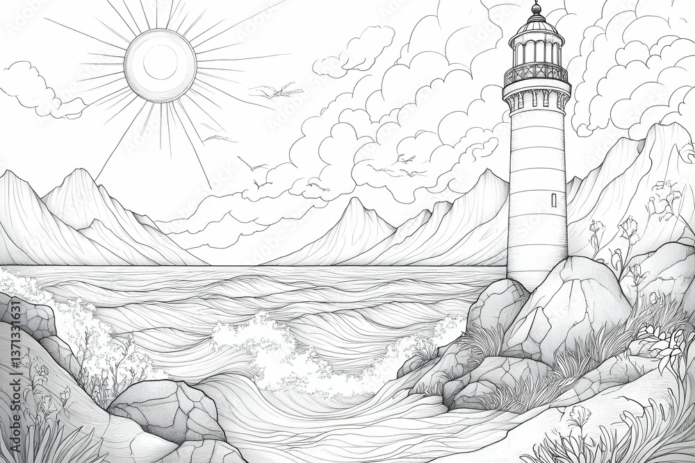 Fototapeta premium Line Art Lighthouse Illustration Overlooking The Sea And Mountains With The Sun