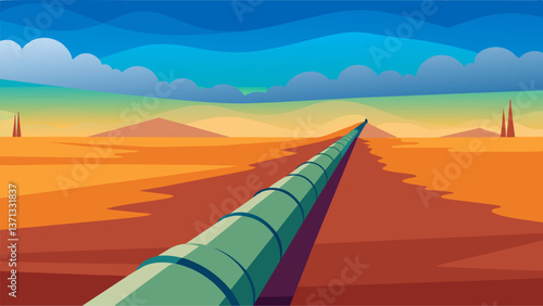 A long straight line of pipe stretching across an open field disappearing into the horizon.. Vector illustration