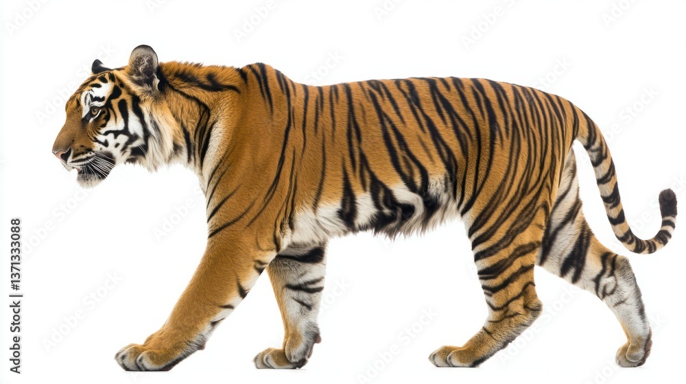 Fototapeta premium Striking Tiger Walking Gracefully Against a White Background