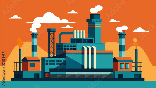 A colossal industrial structure resembling a massive factory driving home the magnitude of energy production happening inside.. Vector illustration