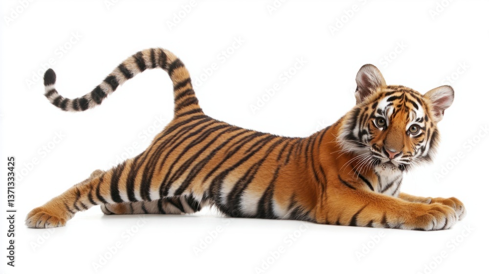 Obraz premium Young Tiger Lying Gracefully on White Background with Striking Fur