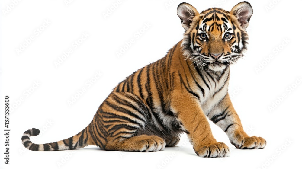 Obraz premium Majestic Tiger Cub Sitting Gracefully on White Background