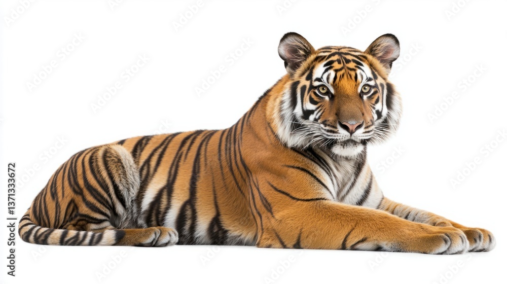 Obraz premium Majestic Tiger Resting Gracefully on White Background