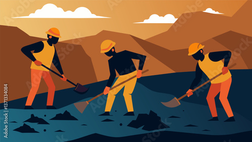 A closeup shot of workers manually extracting lignite from the seam using shovels and other tools to break away at the soft brown coal.. Vector illustration