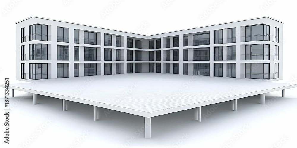 Fototapeta premium Modern Architectural Design 3D Render Of White Building With Geometric Shapes