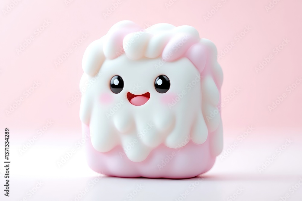 Obraz premium Cute pink and white marshmallow character. A joyful, cartoonish marshmallow design with expressive eyes and a smile. It's a fun, whimsical depiction of a sweet treat