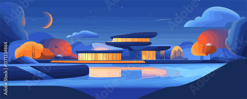 Modern architectural buildings by night with moonlit sky and reflection - vector