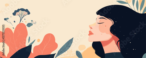 Peaceful woman with closed eyes amidst floral background, nature calm vector