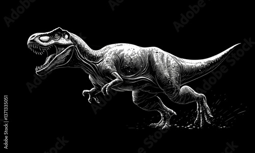 Monochrome tyrannosaurus rex roaring and running on black background, vector