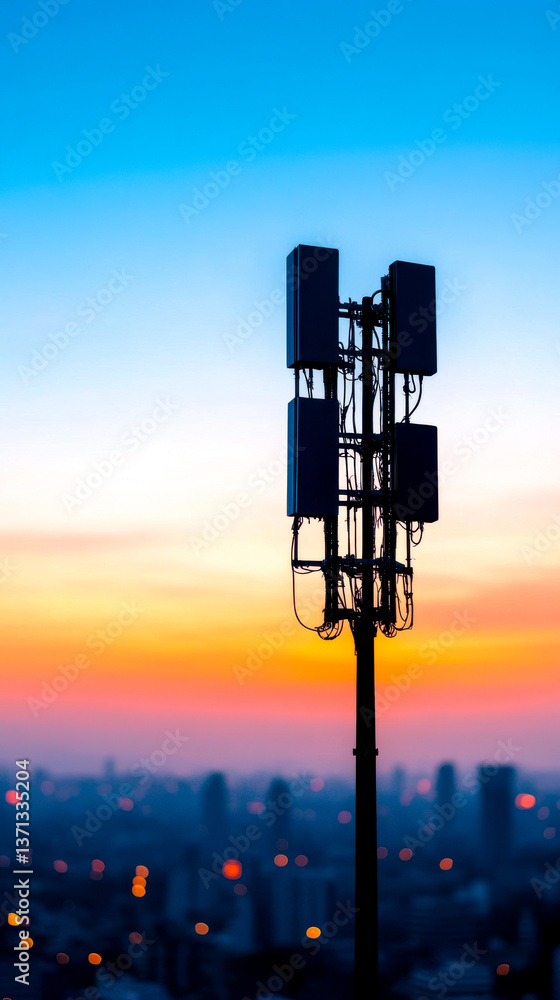 A cellular tower silhouetted against a vibrant sunset sky, highlighting urban connectivity and technology in a modern cityscape. A cellular tower silhouetted against a vibrant sunset sky, highlighting urban connectivity and technology in a modern cityscape.