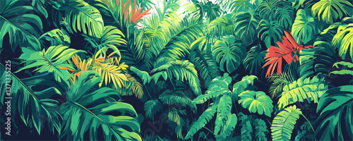 Lush tropical jungle foliage with vibrant leaves - vector
