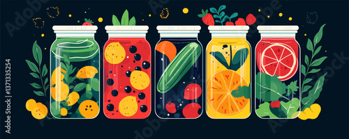 Colorful jars of fresh fruits and vegetables in line on dark background, vector