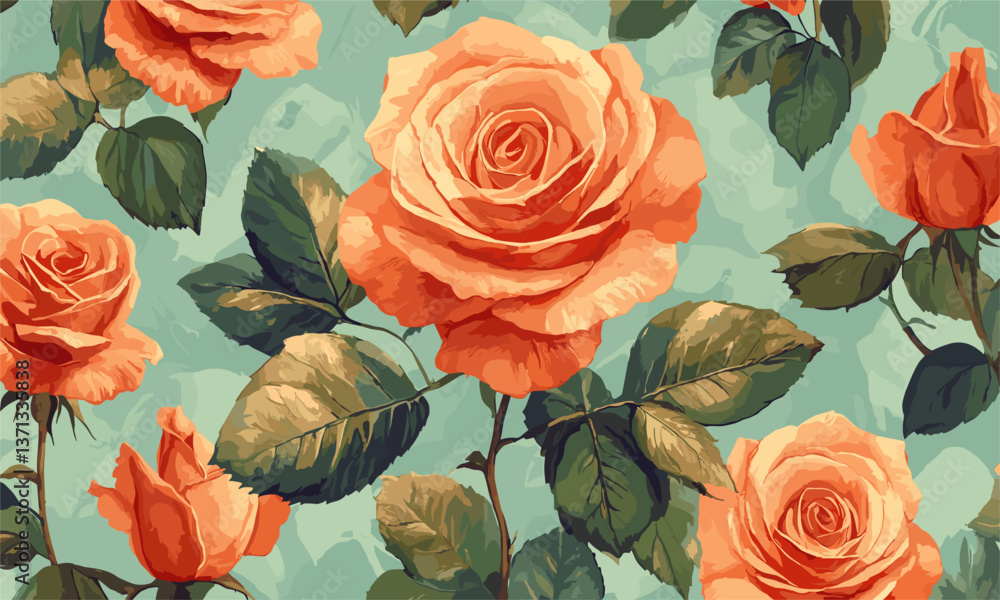 Seamless pattern of orange roses and green leaves on blue background vector Seamless pattern of orange roses and green leaves on blue background vector