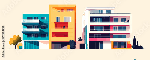 Colorful modern apartment buildings with balconies and trees in street scene vector