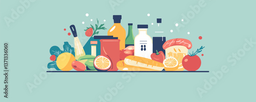 Assorted grocery items with fresh produce and beverages on shelf vector