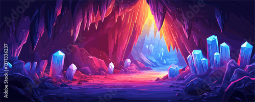 Mystical crystal cave with colorful glowing crystals and stalactites – vector