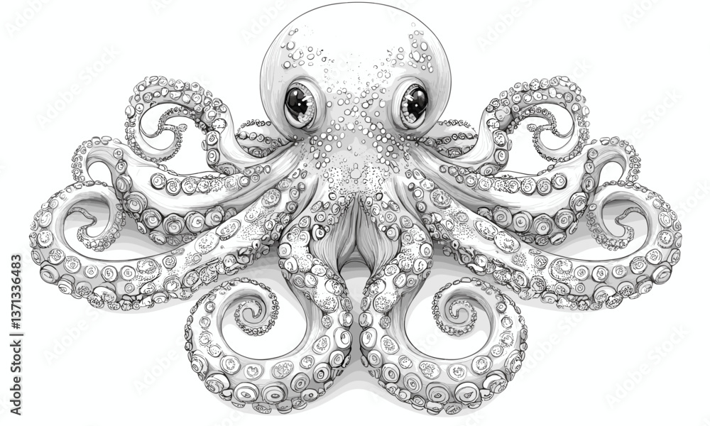 Intricate black and white octopus design with detailed tentacles - vector Intricate black and white octopus design with detailed tentacles - vector