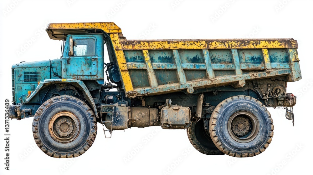 Obraz premium Vintage Blue Dump Truck with Yellow Bed on White Background