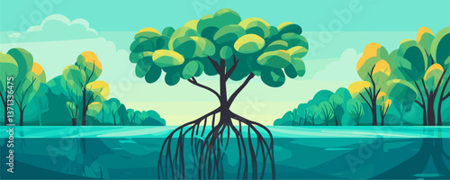 Vibrant mangrove tree with intertwined roots in serene landscape vector