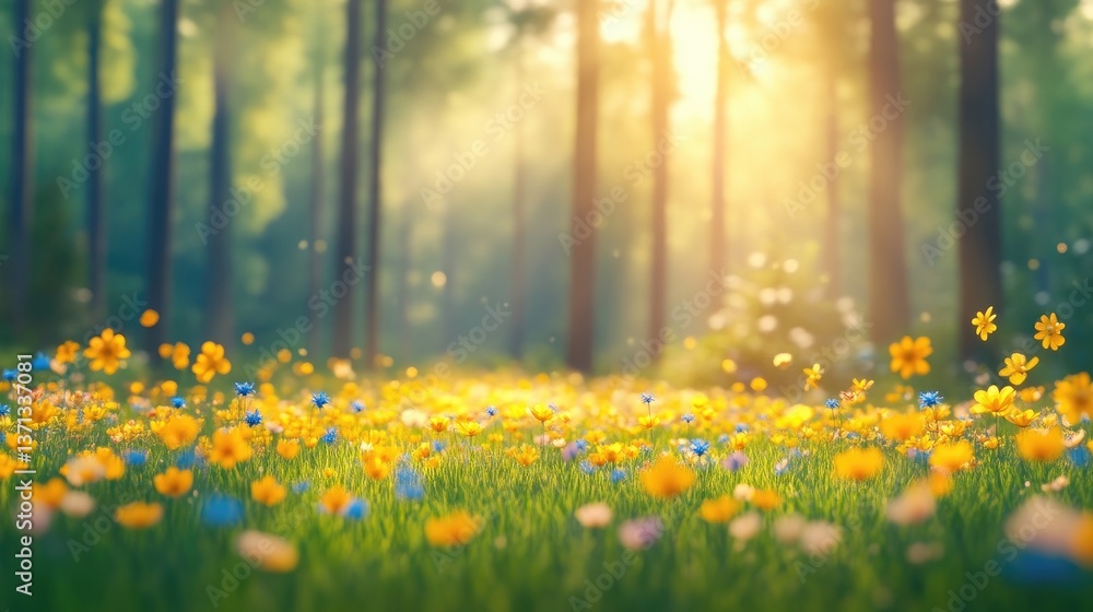 Obraz premium Sunlit forest glade filled with wildflowers