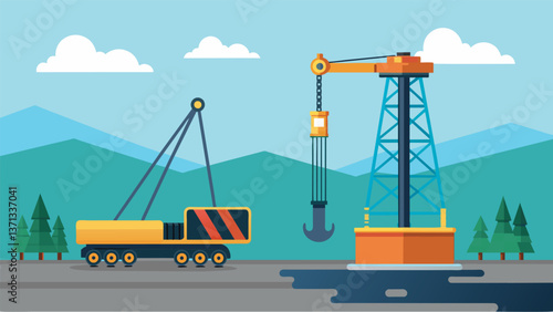 A crane hoisting a section of piping onto the drilling rig preparing to extract natural gas from the well.. Vector illustration