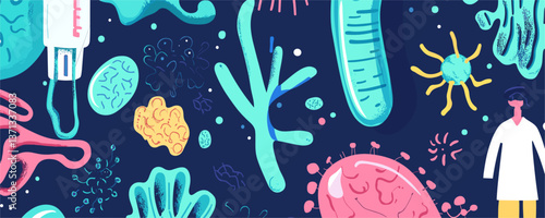 Scientific microorganisms and lab scientist in colorful abstract background - vector