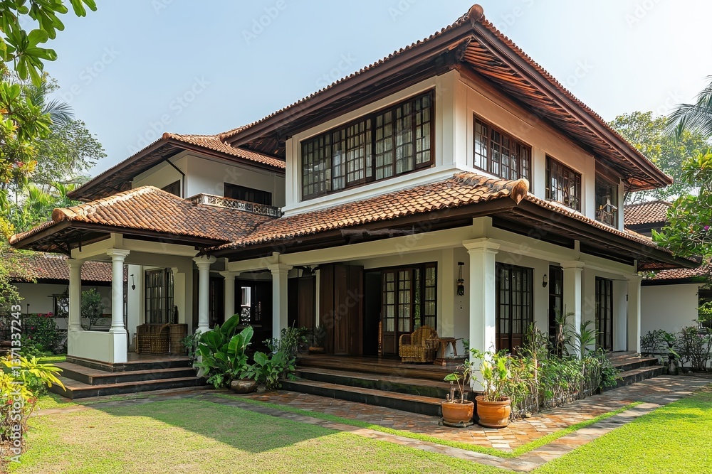 Modern tropical villa with traditional architecture featuring lush green landscaping and inviting entrance in a sunny daytime setting Modern tropical villa with traditional architecture featuring lush green landscaping and inviting entrance in a sunny daytime setting