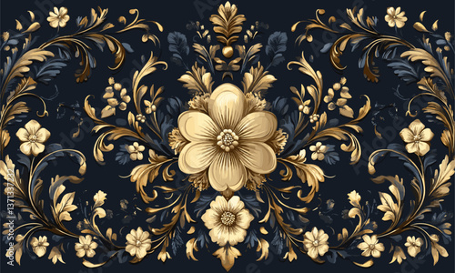 Ornate floral pattern with gold and blue elements on dark background, vector